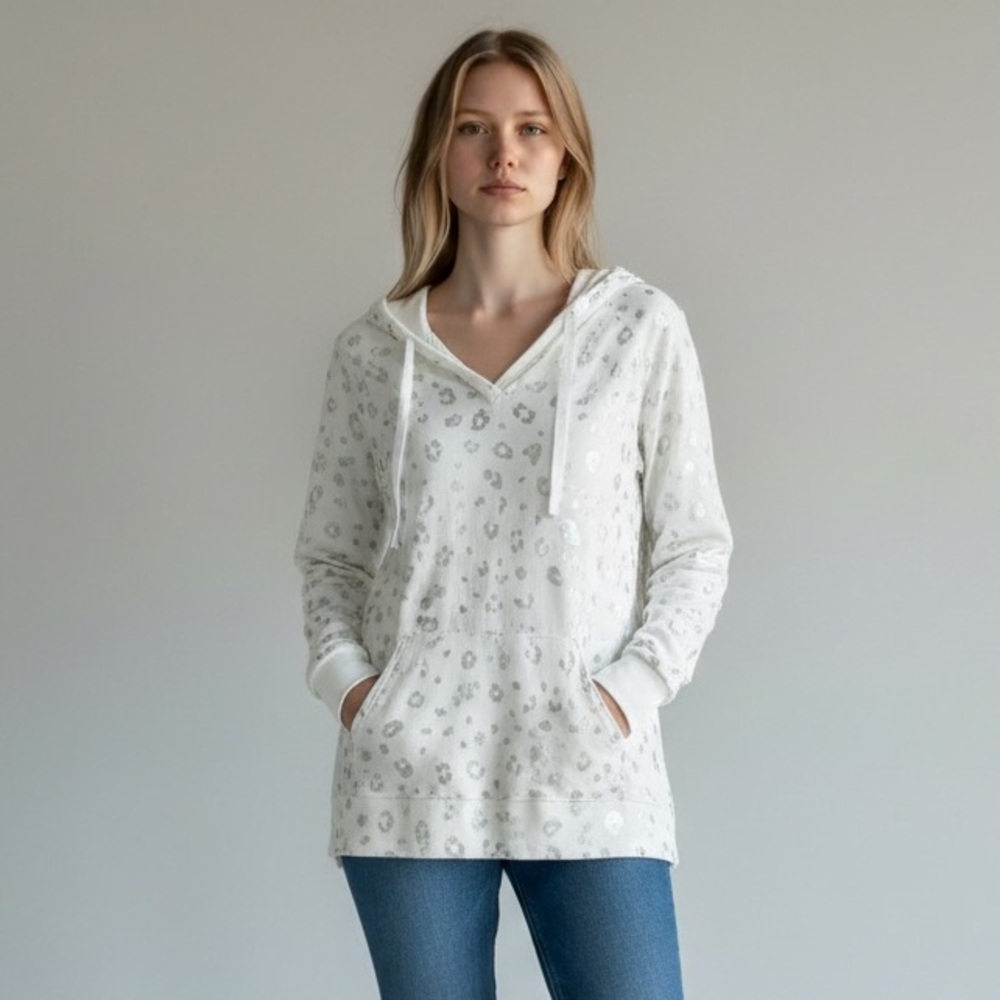 Livi Active White Hooded Pullover Sweatshirt with Light Gray Leopard Print